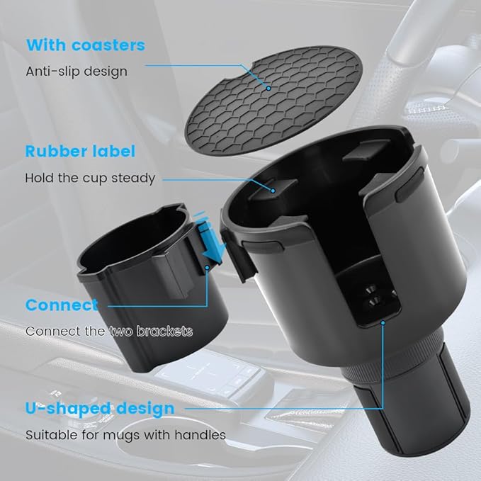 1 Pack Car Cup Holder Expander 2 in 1 Adapter with Expandable Base, Car-Seat Headrest Hook 4 Pack Hanger Storage Organizer fit Universal Vehicle Car