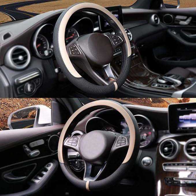 COFIT Breathable Car Steering Wheel Cover 15 inch Auto Universal Leather Wrap Non-Slip Steeringwheel Protector Automotive Interior Accessories, Beige (Suit for 14 1/2-15 inch)
