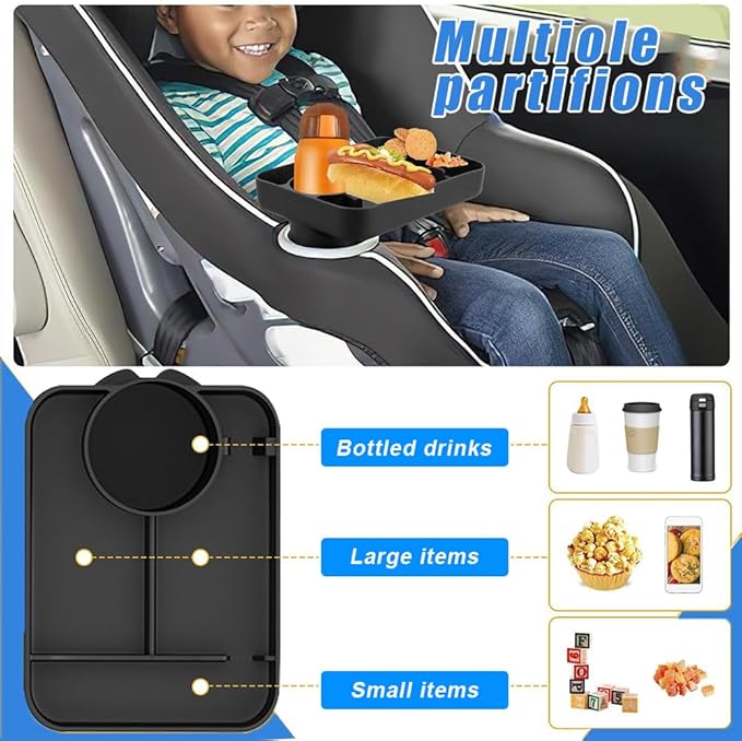 Car Seat Cup Tray - Silicone Travel Tray for Car Seat with Expandable Base for Fruit, Toys, Books Fits Most Cup Holders