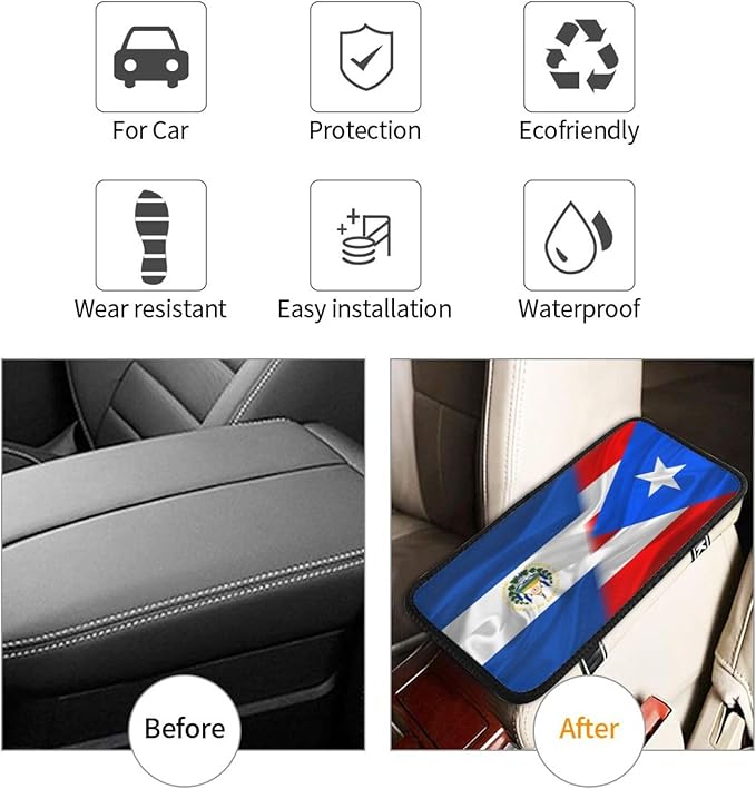 Auto Center Console Pad Puerto Rico Porto Rico Puerto Rican and EL Salvadorean Flag Wavy Car Armrest Cover Armrest Seat Handrail Box Cover Cushion Universal Decoration Protector Accessories