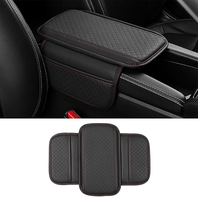 Cxtiy Upgraded Car Center Console Cover,Microfiber Leather Car Armrest Cover Cushion with 2 Storage Bags,Universal Car Armrest Storage Box Car Interior Accessories for Most Vehicles (Black-red)