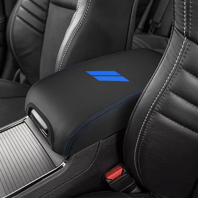 INTGET Car Center Console Cover for 2022 2021 Dodge Charger Accessories 2020 2019 2018 2017 2016 2015 Leather Armrest Cover Console Lid Protector Cushion Pad (Light Blue Stitches, Leather)