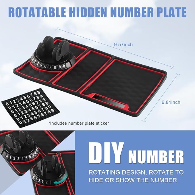 NHHEO Car Anti Slip Mat Dashboard Tray Decorations Sticky Pad 4 in 1 Multi Functional with 360° Rotating Universal Phone Pad Holder+Number Plate, Washable Car Dash Mat(Black&Red)