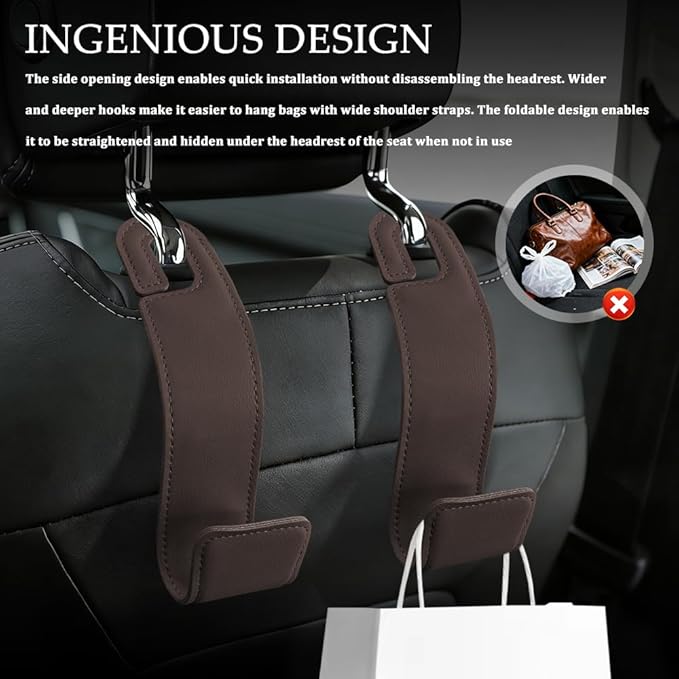 2PCS Purse Holder for Car, Purse Hook for Car, Leather Headrest Hooks for Automotive Back Seat, Auto Accessories Back Seat Organizer Hook for Grocery Bag Handbag Coat (Brown, 2PCS)
