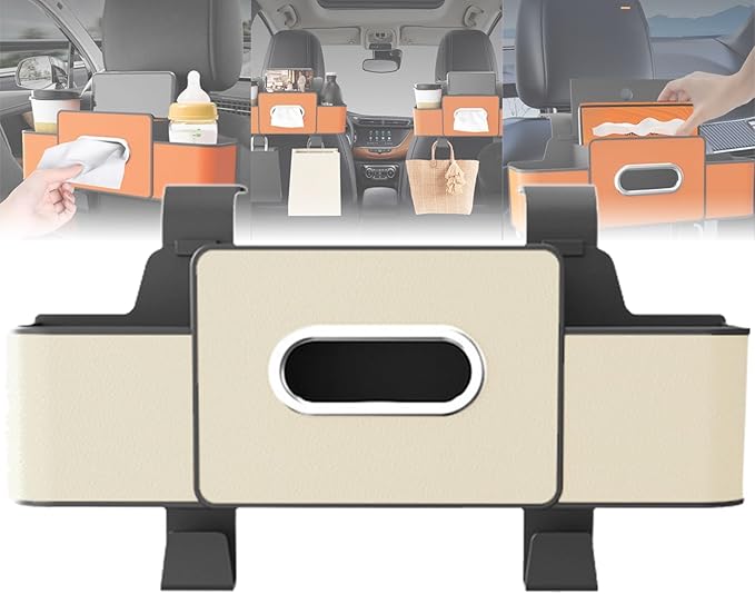 Car Organizers and Storage Box, 4 in 1 Multifunctional Car Organizer Back Seat with 2 Cup Holders & Tissue Box, Backseat Cars Organizer for Hold Phone, Snacks, Drinks, Handbag(White,1Pc)