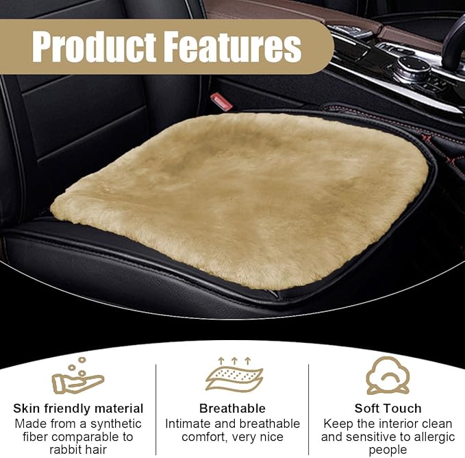 Sheepskin Car Seat Cushion, Soft Comfort Winter Driver Seat Cover, Fluffy Faux Fur Front Seat Pad, Car Seat Protector Pad for Office Chair, Universal Interior Accessory for Car SUV Truck (Camel)