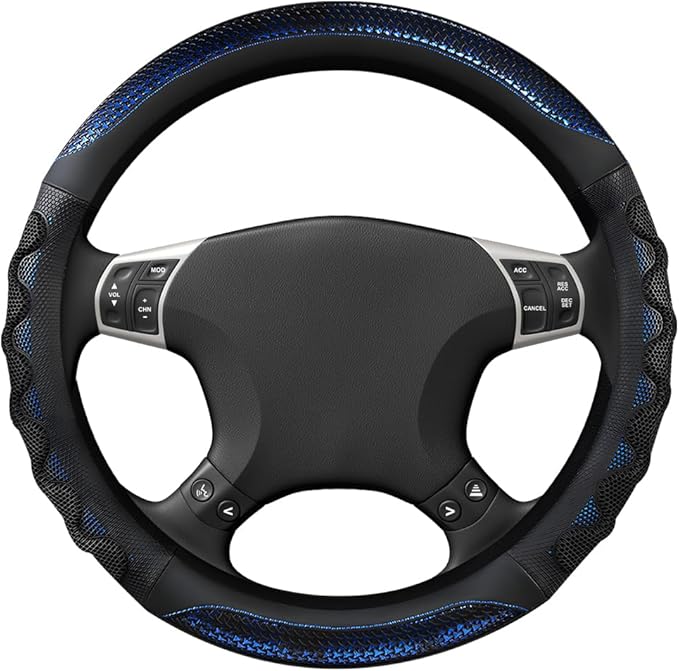 Car Steering Wheel Cover, 15 Inches 3D Honeycomb Design Car Steering Wheel Protector with Comfy Grip, Breathable Anti-Slip D-Shaped Steering Wheel Sleeve for Most Vehicles (Blue,Round)