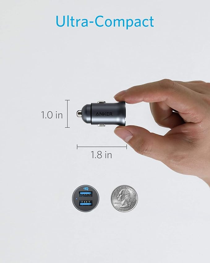Anker 320 Car Charger (24W II), Mini Aluminum Alloy Dual USB with Blue LED for iPhone16 15 14 13 12 Series, iPad Pro/Air 2/Mini, Galaxy and More - Not Compatible with Quick Charge (Black)