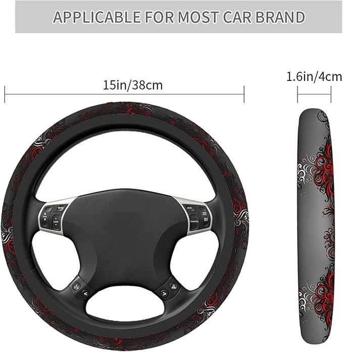 Swono Car Steering Wheel Covers Red Black Floral Beautiful Floral at The Border Creative Design Universal for Women Girls Soft Neoprene Anti-Slip Car Accessories for Most Sedan Van SUV