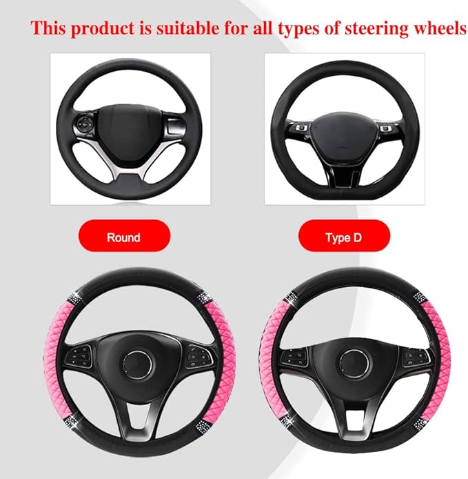 Bling Soft Leather Steering Wheel Cover, Anti-Slip Car Steering Wheel Protector, 15 Inch Rhinestones Soft Leather Elastic Steering Wheel Protector for Women Girls, Car Accessories for Most Cars