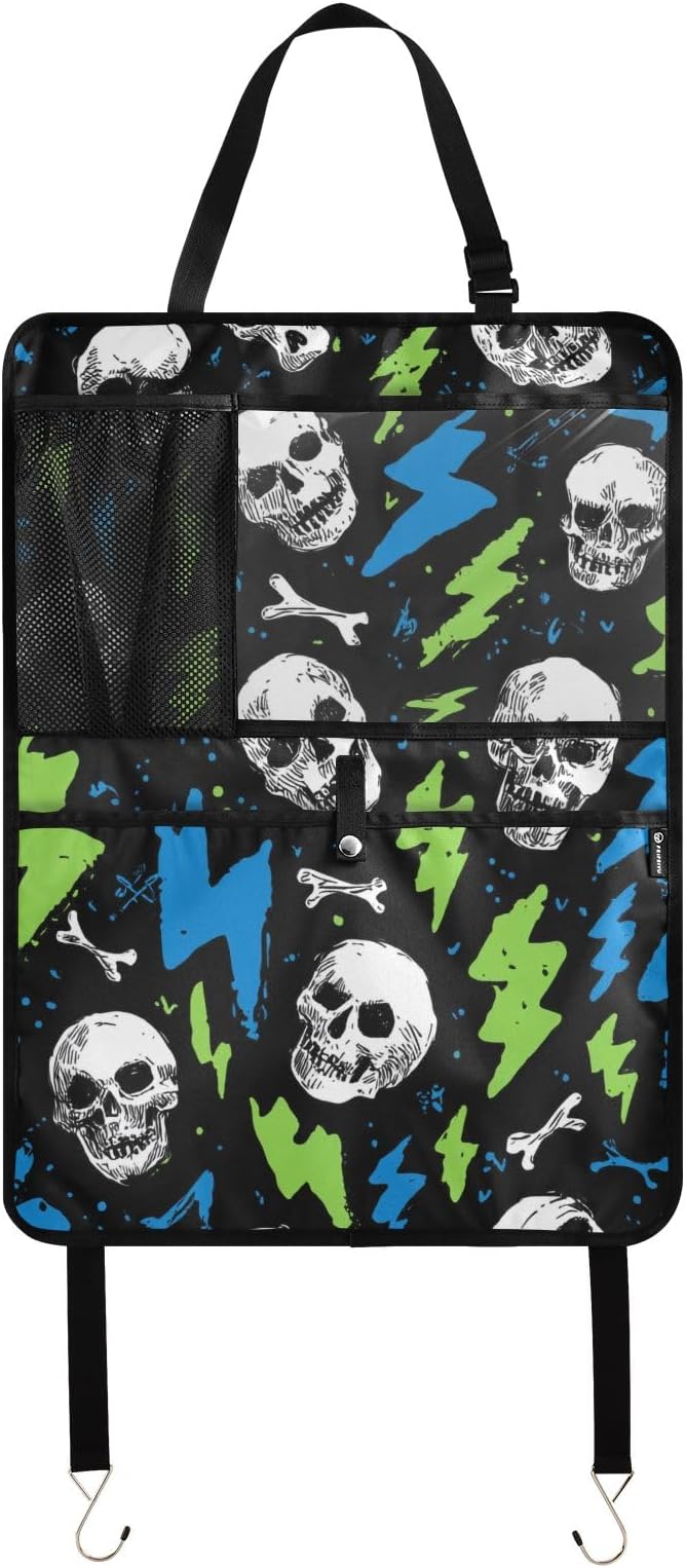 2 Pack Back Seat Car Organizer with Storage Pockets Kick Mats Back Seat Protector Hanging Car Organizer Automotive Seat Back Cover Organizers Skull Lightning Colorful