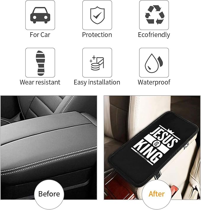 Jesus is King Christian Bible Scripture Quote Car Handrail Box Cushion Auto Center Console Cover Car Center Console Cushion Pad Waterproof Car Armrest Seat Box Cover Fit for Car Truck Rv SUV