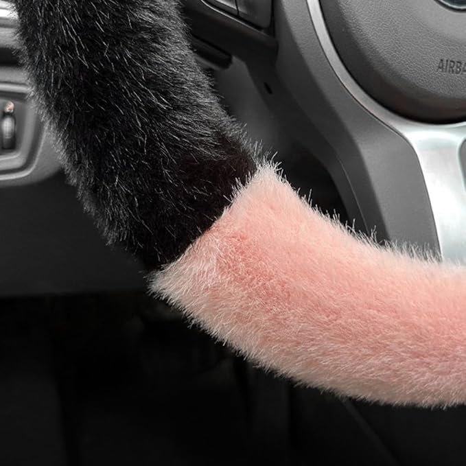 Car Steering Wheel Cover with Cat Ears Winter Warm Fuzzy Steering Wheel Protector Car Accessories Interior Decorations (Black+Beige)