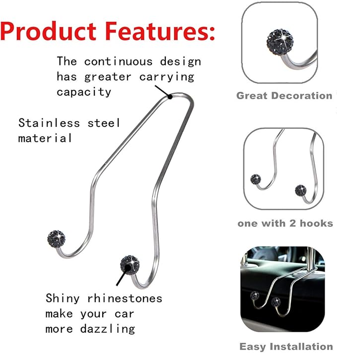 Bling Car Seat Hooks, Rhinestone Universal Organizer Hooks Car Headrest Hangers Hooks, Bag Organizers Rack and Hanger, Strong and Durable Auto Backseat Storage Hooks (A-Black)