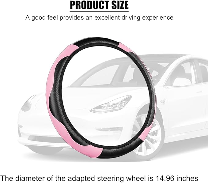 Carbon Fiber Car Steering Wheel Cover, 14.5-15 Inch Elastic Stretch Steering Wheel Guard, Sports Style Non-Slip Automotive Interior Accessories, Universal for Vehicles (Black/Pink)