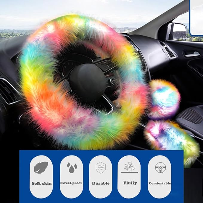 15inches Universal Leather Car Steering Wheel Cover Car Accessories Colorful Fuzzy Steering Covers Gear Shift Cover Handbrake Cover (Colourful)