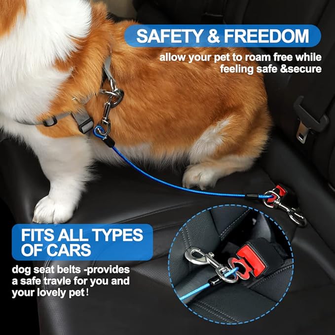 Mi Metty Dog Seat Belt Harness for Car,2pcs Dog Seatbelt of Coated Wire Leash Safety Restraint,No Chew Tether Cable Vehicle Dog Accessories,Double Clips & Latch (2 Pack Red+Blue, 16 inch/40 CM)