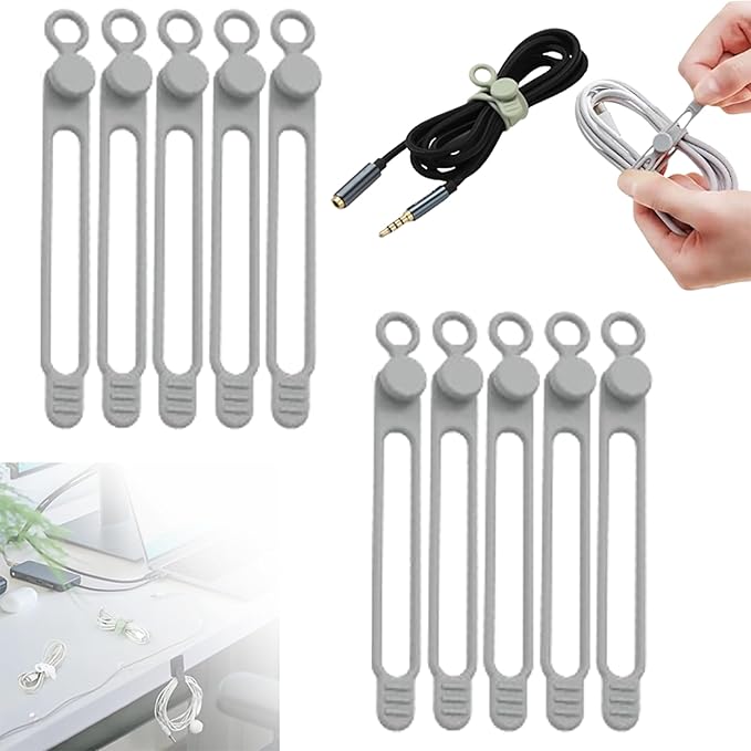 Silicone Cable Ties, Data Cable Organizer Reusable Cable Management Organizer, Multipurpose Elastic Cord Organizer for Bundling and Fastening Cable Cords Wires for Travel/Office/Home (Grey, 10Pack)