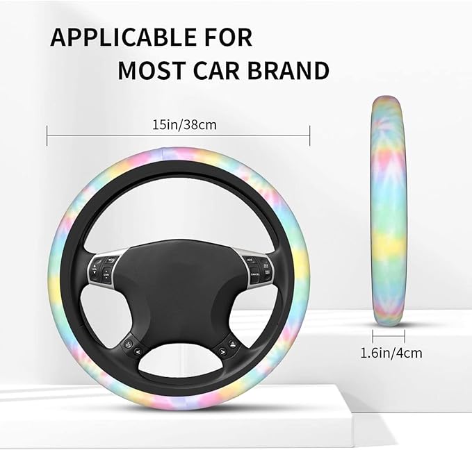 Rainbow Tie Dye Steering Wheel Cover for Women Men with 2 Pcs Car Coasters, Universal 14.5-15 Inch Rainbow Steering Wheel Covers Non-Slip Car Accessories for Girls