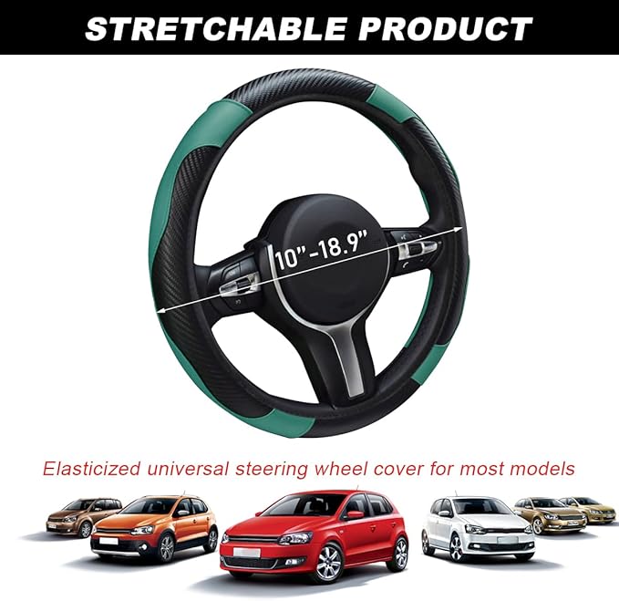 Car Steering Wheel Cover, 15 Inch Carbon Fiber Leather Stitching Color Steering Wheel Protector, Anti-Slip Elastic Breathable Steering Wheel Cover Stylish Decor for Most Cars (Black Green)