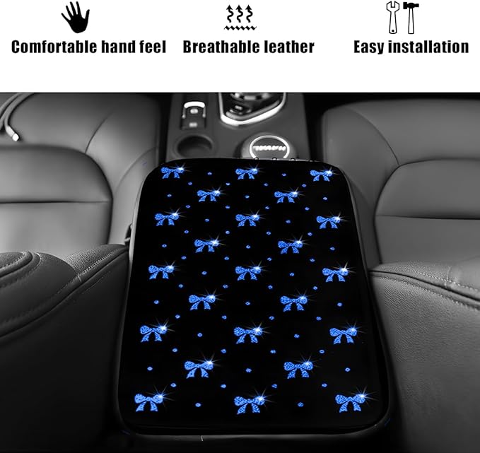 Car Center Console Cover, Waterproof Leather Bow Ribbon Vehicle Arm Rest Pad, Comfortable Automotive Interior Seat Box Armrest Protection Cushion Accessories, Universal Fit (Blue)