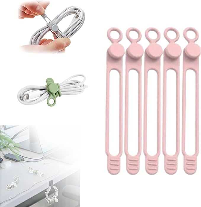 Silicone Cable Ties, Data Cable Organizer, Reusable Cable Management, Multipurpose Elastic Cord Organizer, Pink, 5Pack