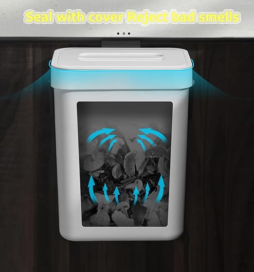 Small Trash Can with Lid Mini Kitchen Hanging Trash Can Tightly Sealed Odor Free, Small Countertop Compost Bin for Scraps from Daily Cooking, Mountable Trash Bin for Kitchen Counter, 5L/1.3 White
