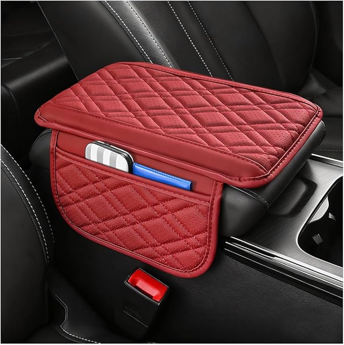 Car Center Console Cover, Leather Vehicle Armrest Cushion Pad with 2 Storage Bags, Comfortbale Automotive Interior Middle Seat Box Protector Accessories, Universal Fit (Red)