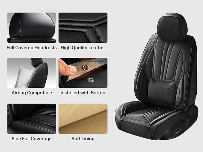 SCDOOCA Car Seat Covers Full Set Black, Luxury Leather Car Seat Covers, Waterproof and Breathable Seat Covers, Universal Car Seat Protector Fit for Cars, Trucks, SUVs, Pick-ups (Full Set)