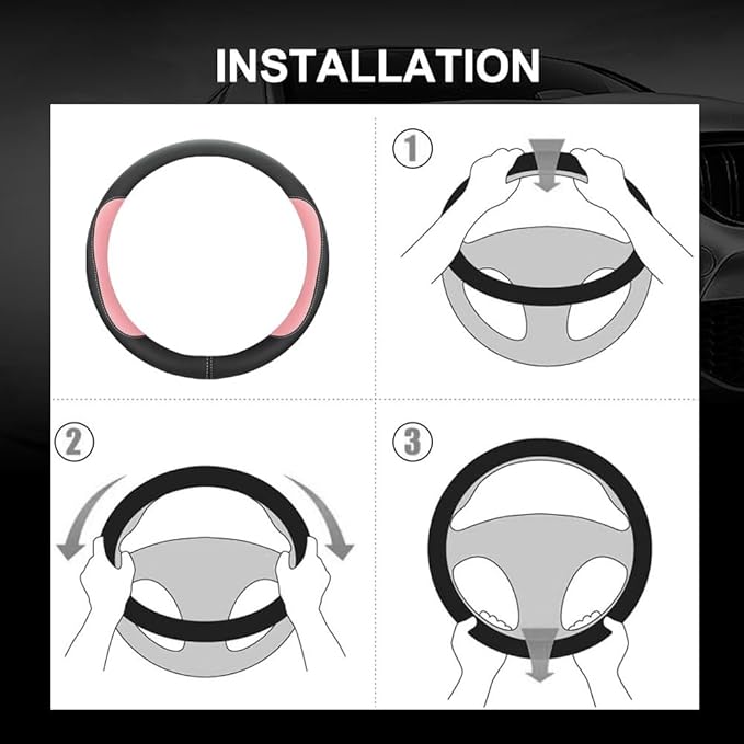 Car Steering Wheel Cover,Microfiber Leather Steering Wheel Cover Universal 14.5-15 inch, Anti-Slip Breathable Auto Wheel Cover Protector for Men Women (Black&Pink)