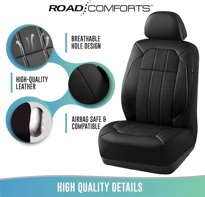 Road Comforts Car Seat Covers, Breathable Leather Seat Covers, Car Seat Covers Front Seats Airbag Compatible, Automotive Seat Covers for Most Cars, Vans, Trucks, SUV-Black