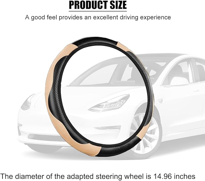 Carbon Fiber Car Steering Wheel Cover, 14.5-15 Inch Elastic Stretch Steering Wheel Guard, Sports Style Non-Slip Automotive Interior Accessories, Universal for Vehicles (Black/Beige)