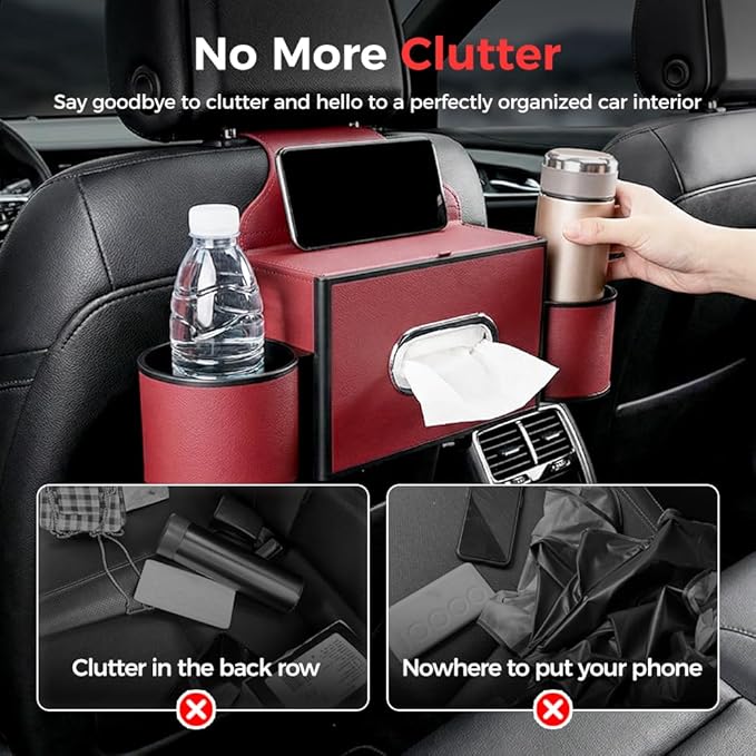 3-in-1 Car Backseat Organizer with Cup Holder, Tissue Box, Trash Bin & Hooks,Multifunctional Back Seat Car Organizer for Hold Phones,Snacks,Drinks,and Handbags (A- Red)