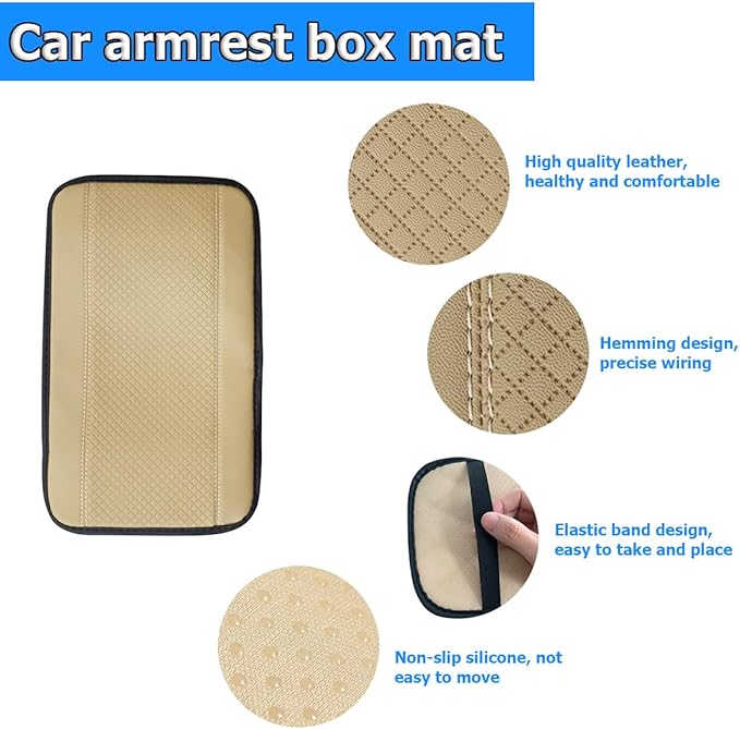 Armrest Pad for Car, PU Leather Auto Center Console Cushion Mat, Four Seasons Automotive Armrest Seat Box Cover, Universal Vehicle Interior Accessories for SUV, Truck, Van (Beige)