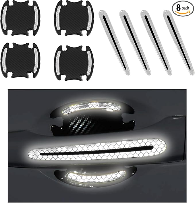 Augeny 8 PCS Car Door Handle Protector Reflective Stickers, Universal 3D Carbon Fiber Auto Paint Guard, Anti-Scratch Bowl Protective Film for Most Cars (White)