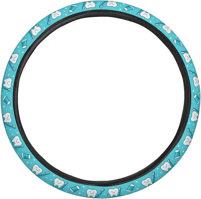 FeHuew Cute Teeth Blue Pattern Steering Wheel Cover for Women, Girls 15 inch Universal Auto Car Anti Slip Wrap Steering Wheel Covers Fit for Vehicles, Truck, SUV