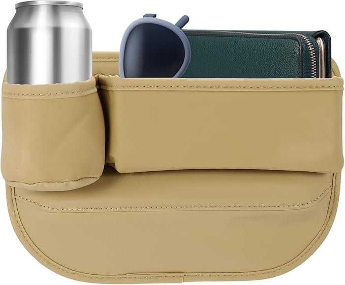 HARFINGTON Car Seat Gap Filler Organizer 11.8 x 8.3 x 2.2 Inch PU Universal Car Organizer Storage Box Between Seat and Console (Left) with Cup Holders for Phone Sunglasses Keys, Beige