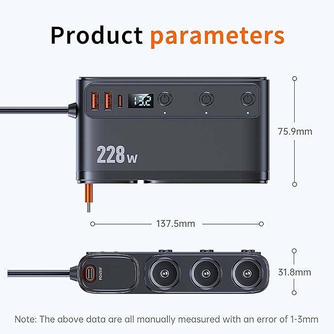 Cigarette Lighter Adapter with Retractable Car Charger,45W USB C Car Accessories 3 Socket Heavy Duty Truck Car Plug Outlet Splitter Fast Charging 12V/24V Independent Switch Multi Port for Car Devices