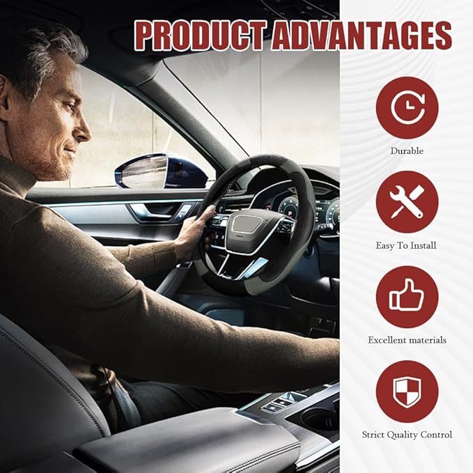Car Steering Wheel Cover, Steering Wheel Protector, Universal 14.5-15 Inch Microfiber Leather Breathable Auto Steering Wheel Covers, Carbon Fiber Steering Wheel Cover for Women Men (Gray)