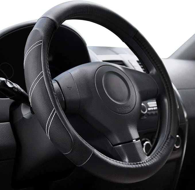 Elantrip Sport Leather Steering Wheel Cover 14 1/2 inch to 15 inch Universal, Padded Soft Grip Breathable for Car Truck SUV Jeep, Anti Slip Odorless Black