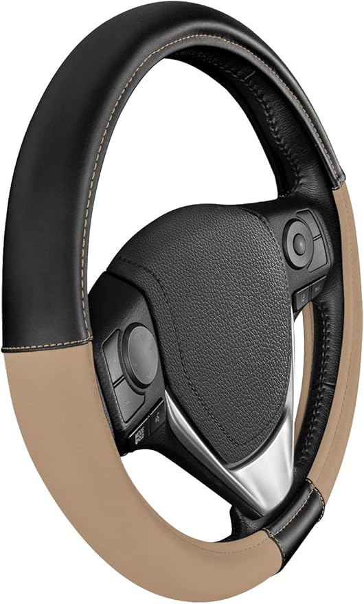 Caterpillar Two Tone Ergonomic Soft Leather Grip Steering Wheel Cover – Strong, Durable and Comfortable Universal Size 14.5-15.5 Inch (Beige/Black) (CASW-2221-BG) (Pack of 2)