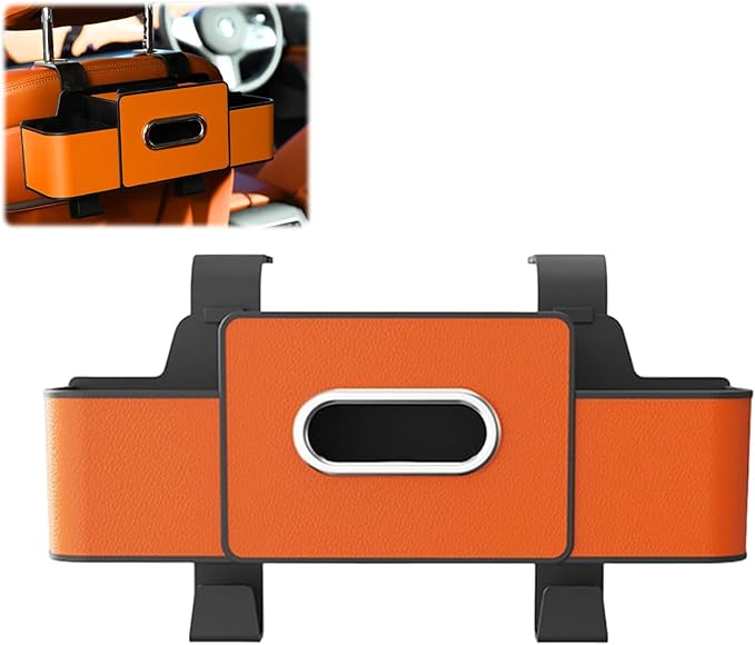 ROVIA Multifunctional 3‑in‑1 Car Seat Back Storage Box Organizer with Cup Holders, Tissue Box Slot & Headrest Hooks – Backseat Car Organizer for Phones, Snacks, Drinks, Bags, Travel Storage (Orange)