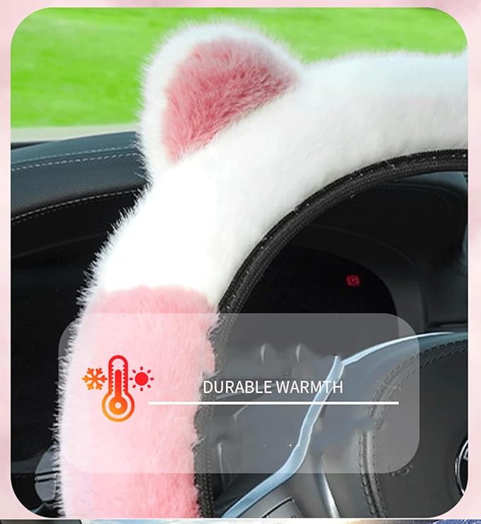 Car Steering Wheel Cover with Cat Ears Winter Warm Fuzzy Steering Wheel Protector Car Accessories Interior Decorations (Pink)