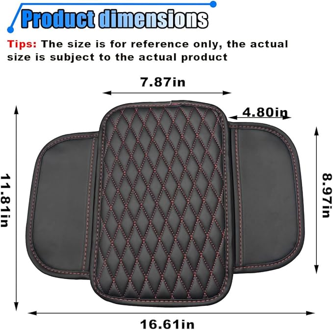 Car Center Console Cover, Car Armrest Cover Cushion, Leather Support Pad with 2 Storage Bags, Universal Interior Decorative Accessory for Most Vehicles, SUVs, Trucks, RVs (Red)