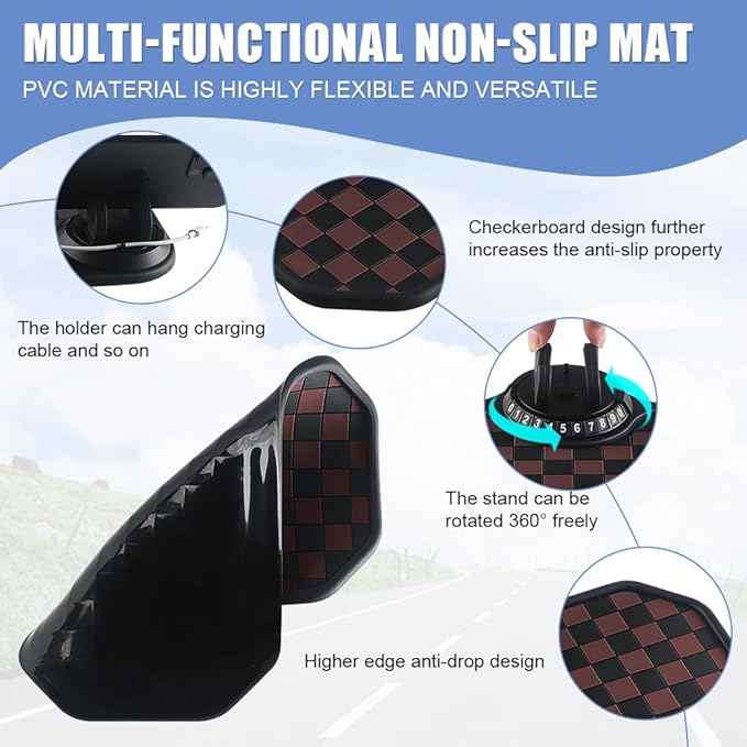 NHHEO Car Anti Slip Mat Dashboard Tray Decorations Sticky Pad Multi Functional Thickened and Widened Washable with 360° Rotating Universal Phone Pad Holder+Number Plate(Black&Brown)
