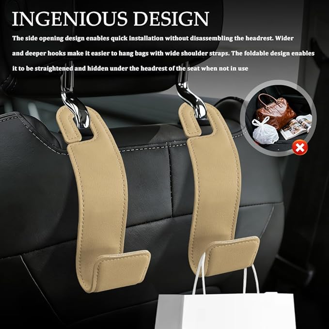 1PCS Purse Holder for Car, Purse Hook for Car, Leather Headrest Hooks for Automotive Back Seat, Auto Accessories Back Seat Organizer Hook for Grocery Bag Handbag Coat (Beige, 1PCS)