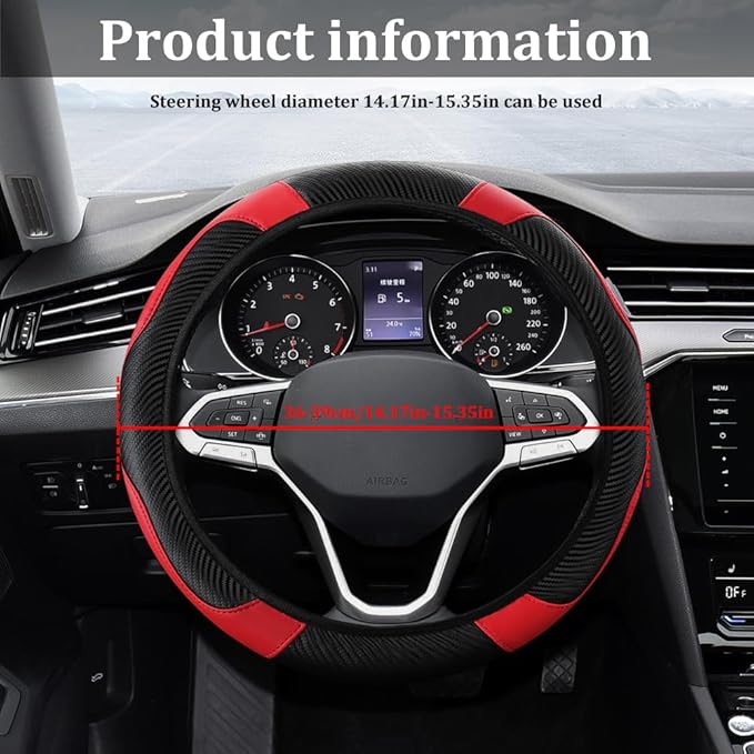 Car Steering Wheel Cover, Steering Wheel Protector, 15 inch Durable Leather Cover with Anti-Slip Lining, Universal Carbon Fiber Microfiber Leather Car Accessories for Most Cars (Black&Red)