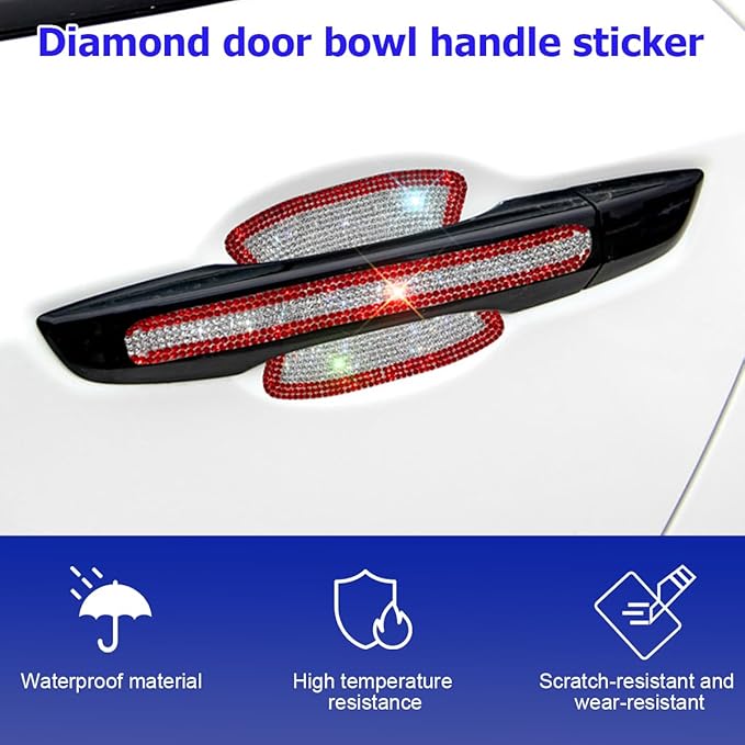 Mandark 8PCS Bling Car Door Handle Protector, Crystal Rhinestone Vehicle Door Bowl Protective Sticker, Glitter Anti-Scratch Auto Decor Decals Accessories, Universal for SUV, Sedan, Truck (Red/White)
