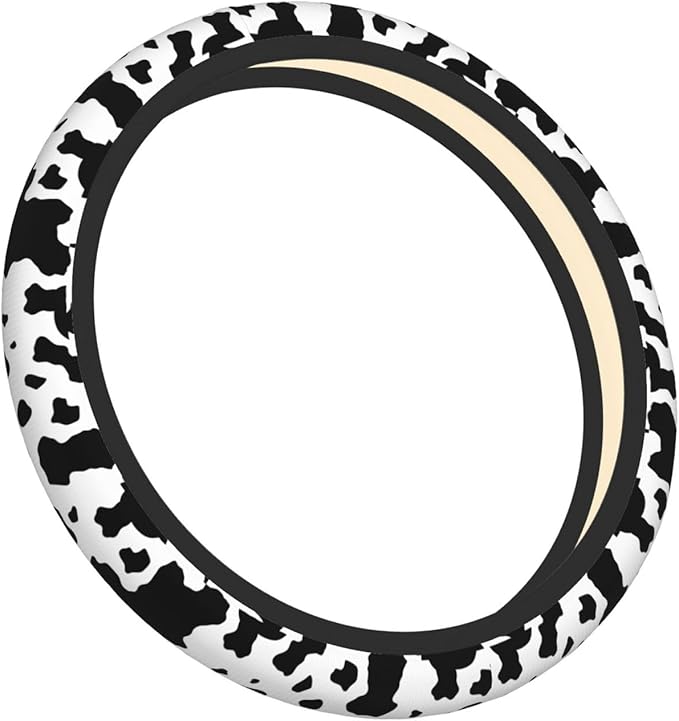 Black White Cow Print Neoprene Steering Wheel Cover for Men Women Anti-Slip Elastic Steering Wheel Protective Cover 15in Universal Car Accessories Fit Cars, SUVs, Auto