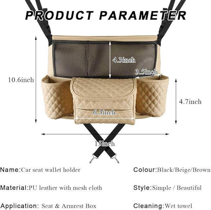 Car Purse Holder Between Seats, Luxury Leather Front Seat Back Handbag Organizer with Tissue Box Cup Holders, Auto Large Capacity Multi Pocket Purse Holder Hanging Storage Bag (Beige)